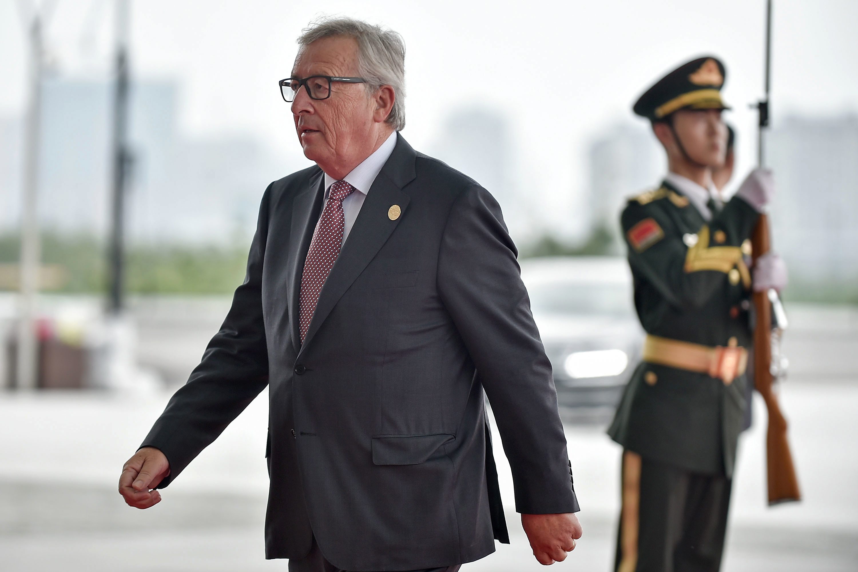 President Jean-Claude Juncker of the European Commission arrives at the Hangzhou Exhibition Center to participate in G20 Summit, Sunday, Sept. 4, 2016 in Hangzhou, China. (Etienne Oliveau/Pool Photo via AP)