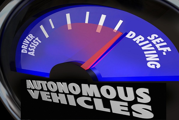 The words Autonomous Vehicles on an automobile gauge with the needle rising past Driver Assist to reach Self-Driving to illustrate the coming of new cars that drive themselves