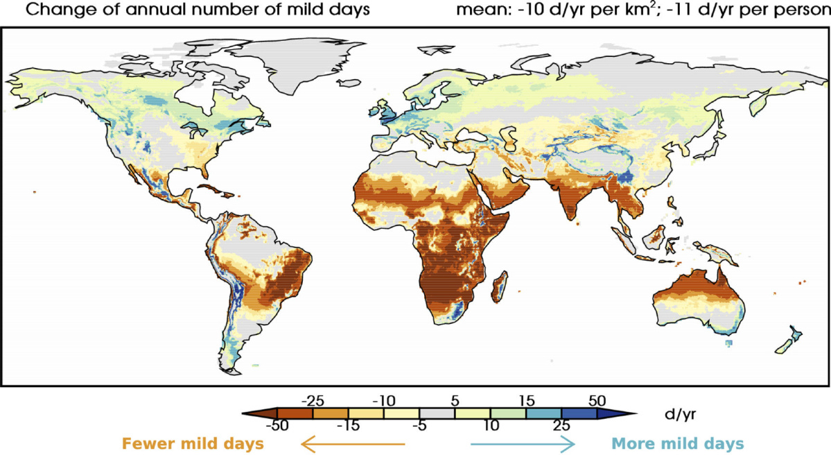 AP PROVIDES ACCESS TO THIS THIRD PARTY PHOTO SOLELY TO ILLUSTRATE NEWS REPORTING OR COMMENTARY ON FACTS DEPICTED IN IMAGE; MUST BE USED WITHIN 14 DAYS FROM TRANSMISSION; NO ARCHIVING; NO LICENSING; MANDATORY CREDIT In this image provided by Karin van der Wiel/ NOAA/ Princeton University, shows climate change effects on patterns of mild weather. Kiss goodbye some of those postcard-perfect, ideal-for-outdoor-wedding days. A new study said global warming is going to steal some of those exceedingly pleasant weather days from our future. On average, Earth will have four fewer days of mild and mostly dry weather by 2035 and ten fewer of them by the end of the century, according to a first-of-its-kind projection of nice weather. (Karin van der Wiel/ NOAA/ Princeton University via AP)